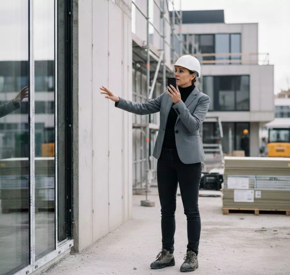 Architektin bei einer Baustellenbesichtigung mit VociApp