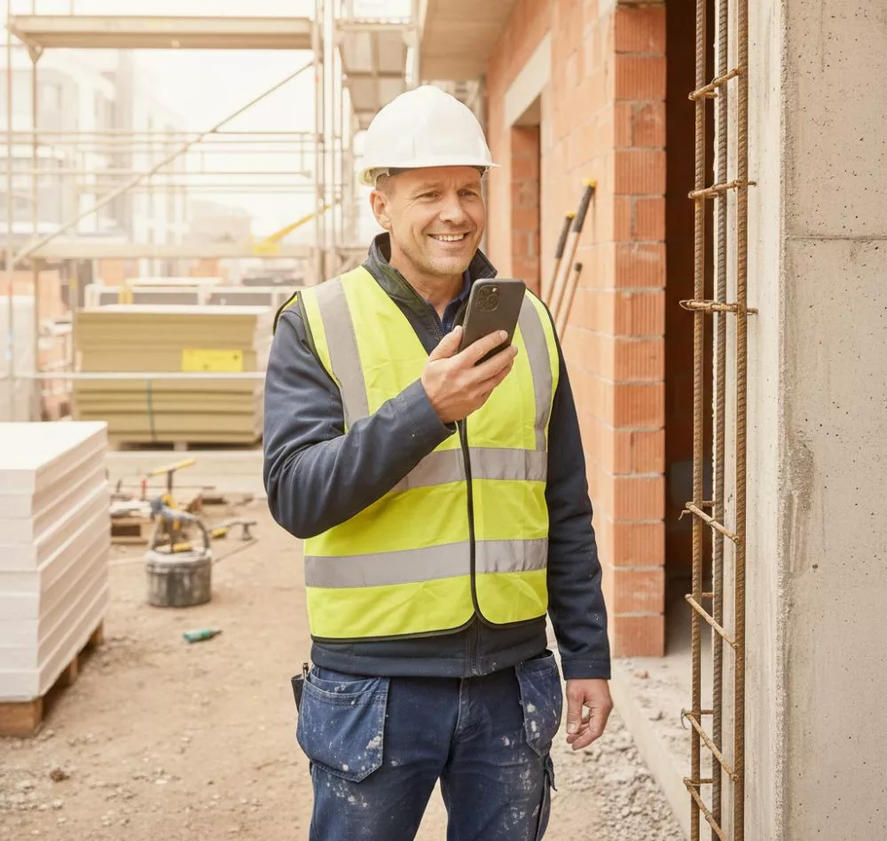 Bauleiter besichtigt mit VociApp einer Baustelle