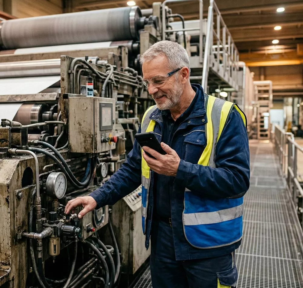 Industrieanlagenmechaniker mit VociApp am prüfen von Maschinen